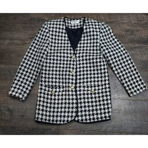 Blazer Houndstooth Retro Plymouth Size 6 Ornate Gold Buttons Professional Wear - Picture 13 of 14